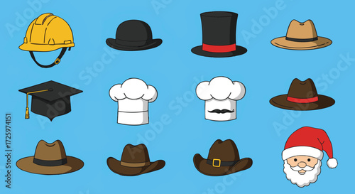 A collection of various cartoon hats representing different professions and occasions on a blue background.