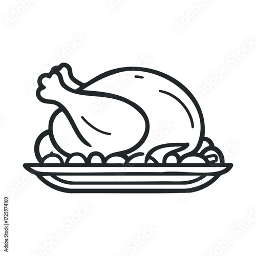 Feast with roasted turkey on a platter ready for celebration. Vector black icon