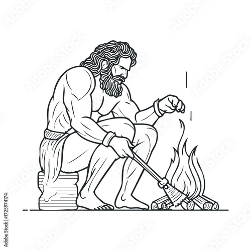 Strong man tending to fire outdoors in a natural setting. Vector black icon