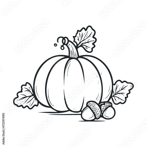 Autumn harvest featuring pumpkin and acorns for seasonal decor. Vector black icon