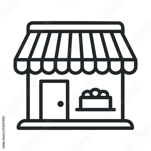Bakery shop front with awning and display window for treats. Vector black icon