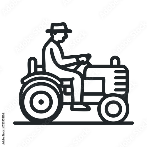 Farmer driving a tractor on a field during harvest season. Vector black icon