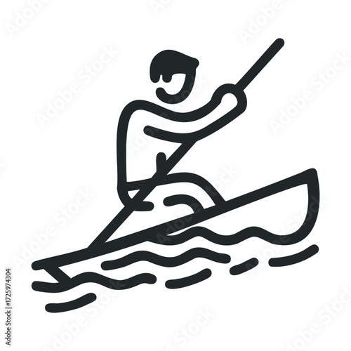 Canoeing in a serene lake setting during summer afternoon. Vector black icon