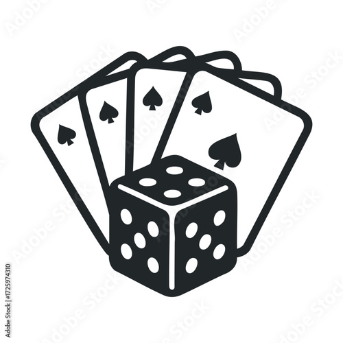 Playing cards and dice in a game setup for fun night. Vector black icon
