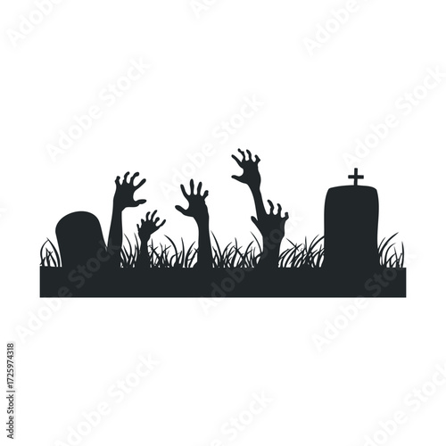Eerie graveyard scene with zombie hands reaching from graves. Vector black icon