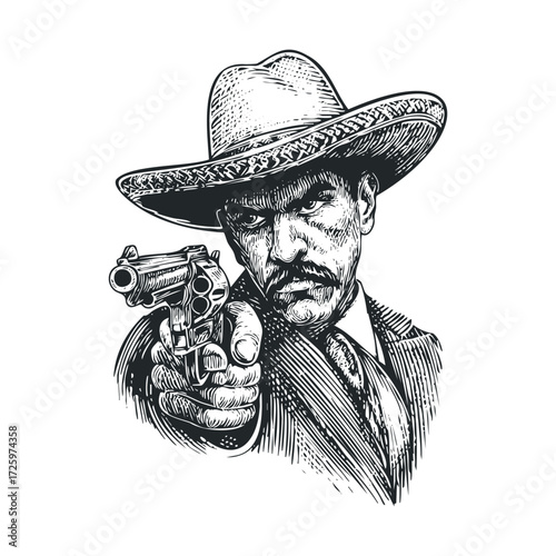 Vintage western outlaw holding a revolver in classic attire. Vector black icon