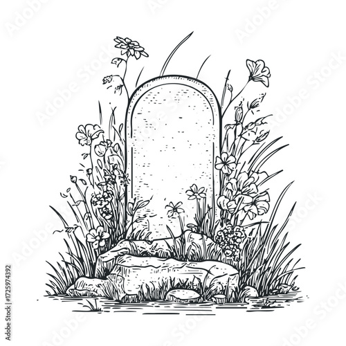 Vintage cemetery stone surrounded by blooming wildflowers and grass. Vector black icon
