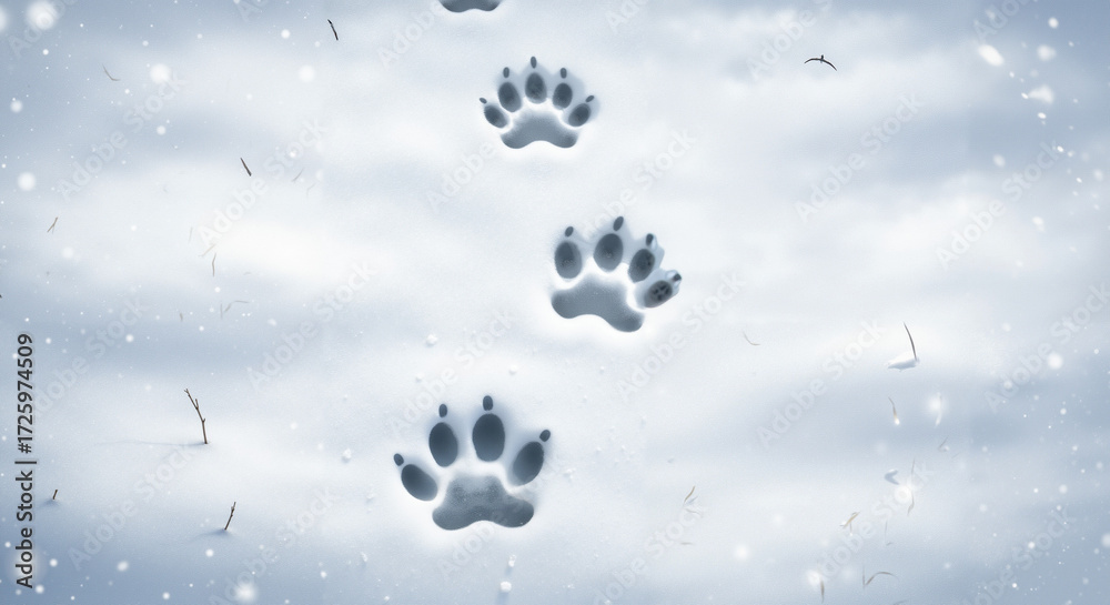 Naklejka premium Cat paw prints in snow on a wintry day with falling snowflakes 