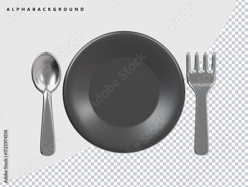 Silver spoon , fork with black plate icon render illustration