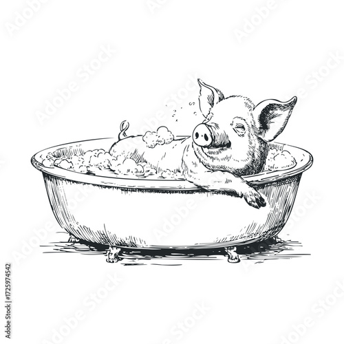 Happy pig relaxing in a bathtub filled with bubbles. Vector black icon