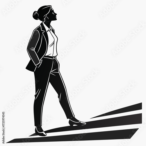 Confident Businesswoman Silhouette. Businesswoman on Path to Achievement. Business women silhouette. Female Professional Walking Upward.