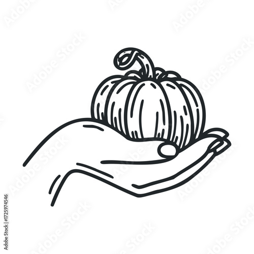 Hand holding a pumpkin showcasing harvest season vibes. Vector black icon
