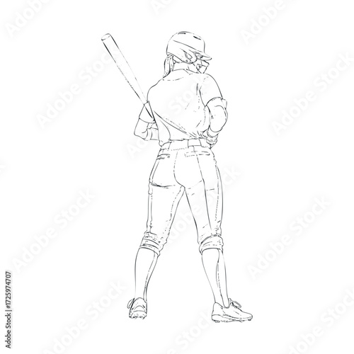 Female athlete preparing to bat in baseball game. Vector black icon