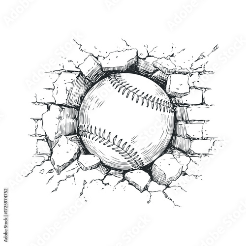 Baseball breaking through a brick wall for sport concept. Vector black icon