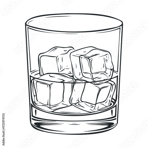 Glass tumbler filled with ice cubes for drink preparation. Vector black icon