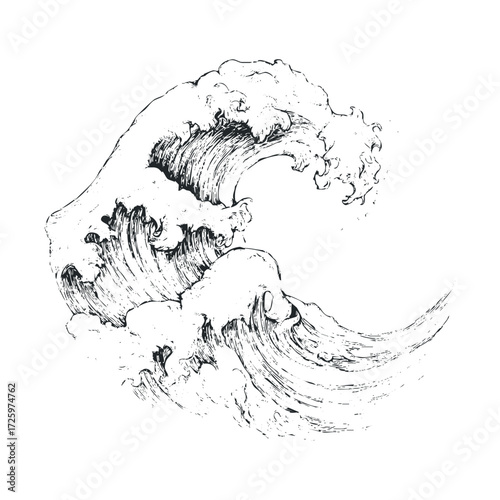 Powerful ocean wave illustration for artistic design and decoration. Vector black icon