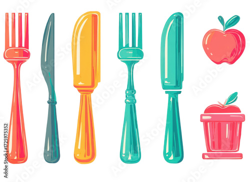 Colorful collection of forks knives and apples illustration.