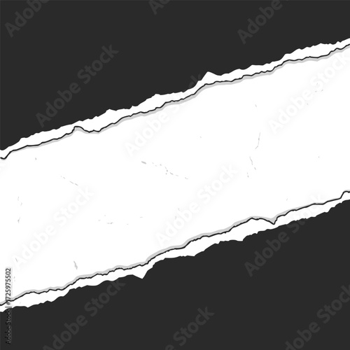 Diagonal rip in dark gray paper revealing bright white background with rough torn edges