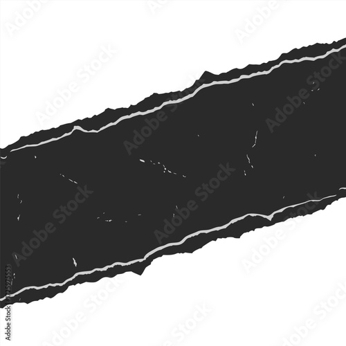 Dark textured torn paper strip with rough edges on a white background abstract grunge design