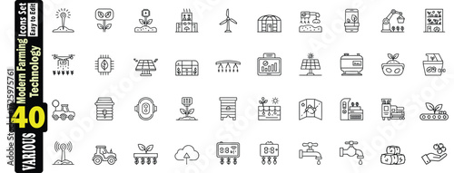 Modern Farming Technology Icons Set. Vector Graphic Collection, agriculture, farming, technology, modern, plant, agriculture, windmill, technology, graphic, solar, collection, illustration. 