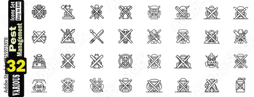Pest Management Icons Set (2). Vector Collection Of 32 Various Line Art Symbols, pest control, insect, bug, trap, magnifying illustration. 