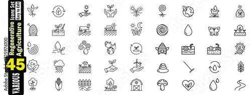Regenerative Agriculture Icons Set. Vector Collection Of 45 Various Line Art Symbols, regenerative agriculture, farming, rake, plant, windmill, renewable, easy, environment, earth, illustration. 