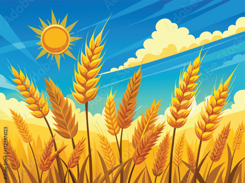 Ripe Wheat Stalks Swaying in the Sun with a Blue Sky and Clouds field agriculture illustration. 