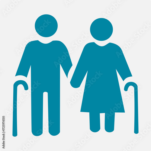 Minimalist Blue Silhouette Icons of Male and Female Walking with Canes