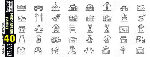 Rural Infrastructure Icons Set. Vector Graphic Collection With 40 Elements. rural, infrastructure, water, windmill, agriculture, pump, elements, graphic, farms, solar, signpost, illustration. 