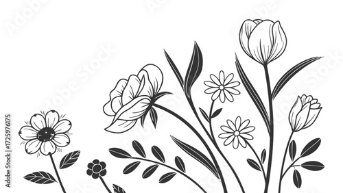Delicate hand drawn botanical illustration of assorted wildflowers and blossoms in a sketchy artistic style