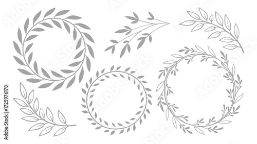 Collection of delicate hand drawn botanical wreaths and flourishes with twigs and leaves in a light gray tone