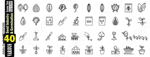 Seed Industry And Germination Icons Set (3). Vector Graphic Collection 40 Elements. seed, industry, germination, miscellaneous, planting, illustration. 