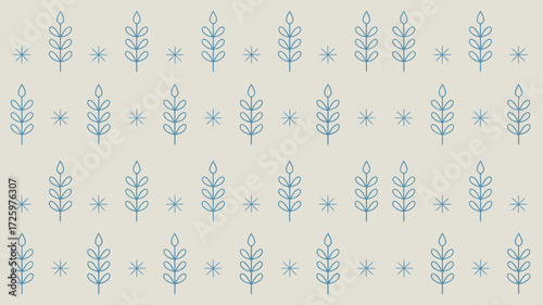 A repeating pattern of blue stylized branches and stars on a light beige background creating a design