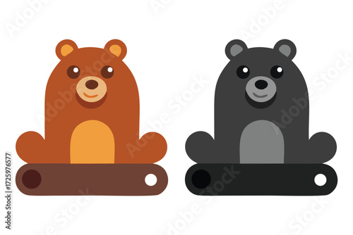 Two Stylized Geometric Bear Figures Sitting on a Base, One Brown, One Gray, animal cartoon
Needle felted animals, soft sculptures.
