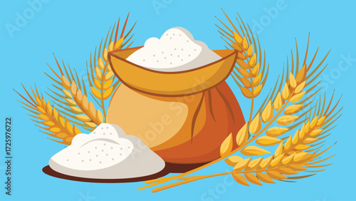 Wheat Ears and Flour Bag with Powdered Dough Piles on Blue Background grain ears of wheat illustration. 