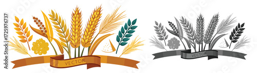 Wheat and Grain Stalks with Ribbon and Decorative Elements Vector Set, wheat, grain, stalks, ears of wheat, organic, plant, agriculture, elements, bread, decorative, golden, banner, illustrations.
