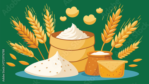 Wheat Ears Flour Bags and Powdered Dough Piles on Green Background Vector grain ears of wheat illustration. 