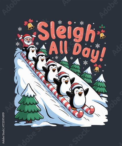 Cute Penguins on Candy Cane Sledges, Celebrating Christmas All Day