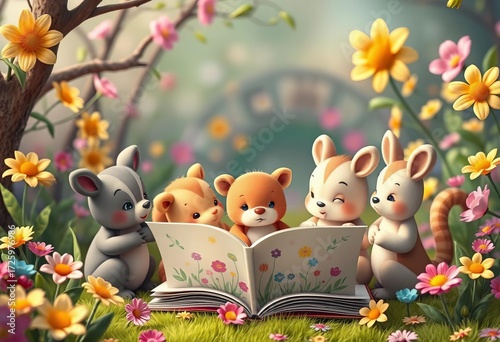Cute cartoon animals reading a spring-themed book in a magical garden,  bunny,  storytime