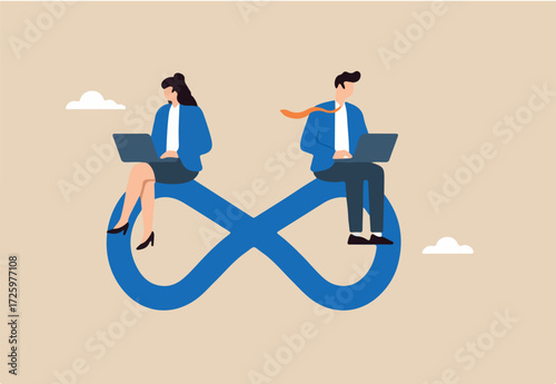 Flat illustration of business people sitting on infinity loop while working on laptops to represent continuous workflow, agile collaboration, and sustainable productivity 