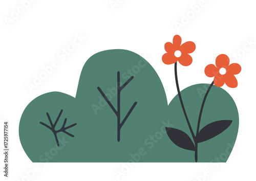 A green bush with two orange flowers isolated on a white background. Spring nature flora illustration for botanical design.