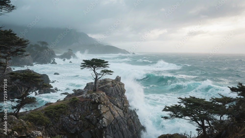 Fototapeta premium Rocky coastline with waves crashing against cliffs