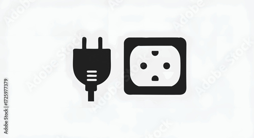 Black and white image of an electrical plug and a power outlet on a white background.