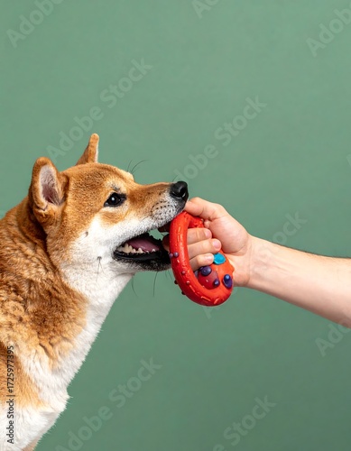 Dog playing with a red toy