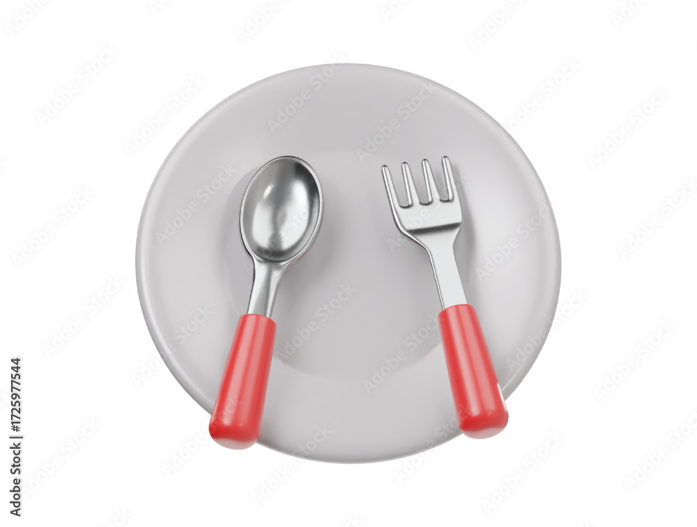 Fototapeta premium Silver spoon , fork with plate icon render illustration