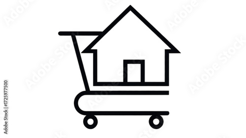 Simple line art icon of a house in a shopping cart.