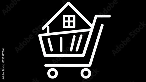 Simple line art icon of a house in a shopping cart representing a real estate purchase.