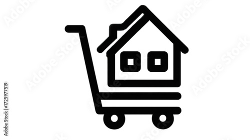 Simple line art icon of a house in a shopping cart.
