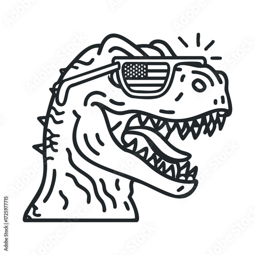Dino in shades with American flag for summer fun. Vector black icon