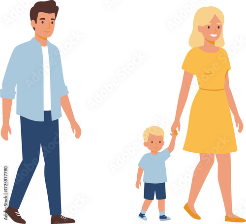 Cartoon family walking, happy parents and child, outdoor lifestyle, parenting concept, casual clothing, cheerful mood, everyday scene, relationship illustration